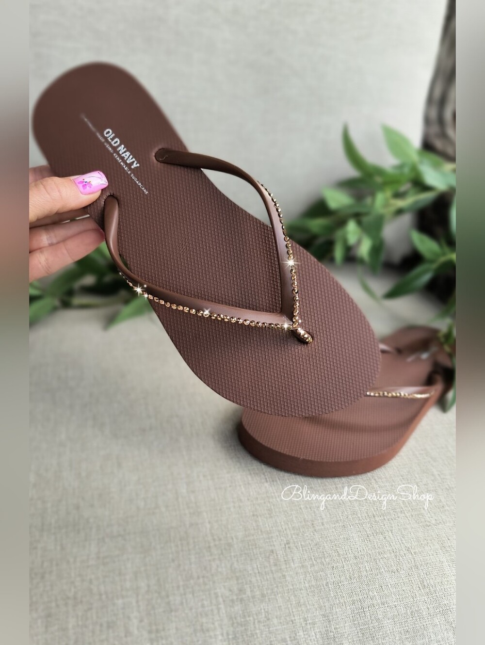 Old Navy Brown Flip Flop Sandals Customized With Rose Gold Swarovski Crystals